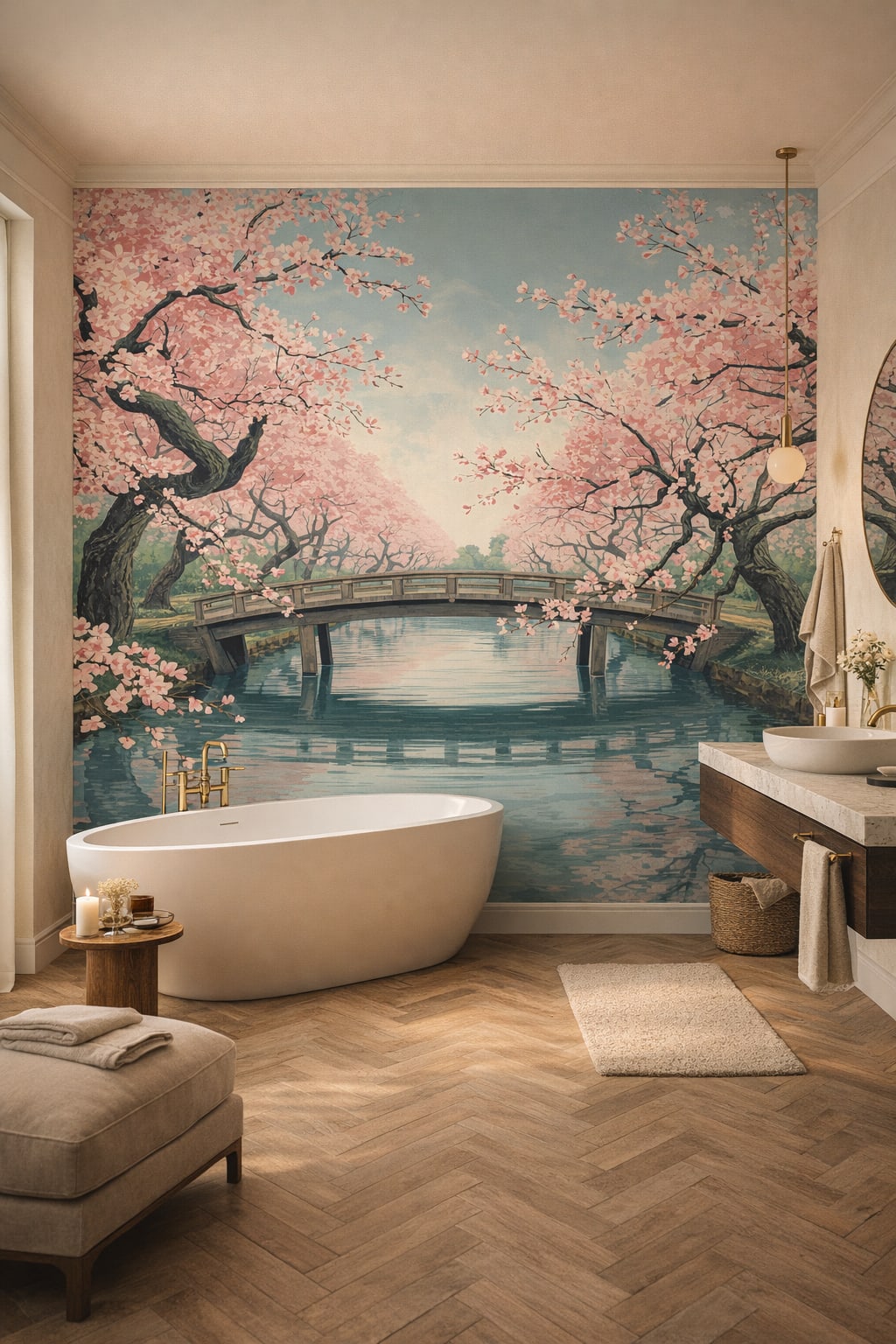 Greige Quiet Luxury cherry blossom trees featuring garden bridge - Wall Mural Peel and Stick Wallpaper for Quiet Luxury Luxury Bathroom.