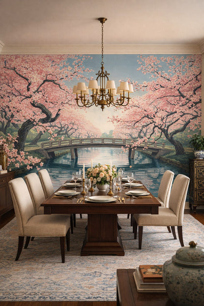 Blue-white Chinoiserie cherry blossom trees featuring garden bridge - Wall Mural Peel and Stick Wallpaper for Chinoiserie Formal Dining Room.