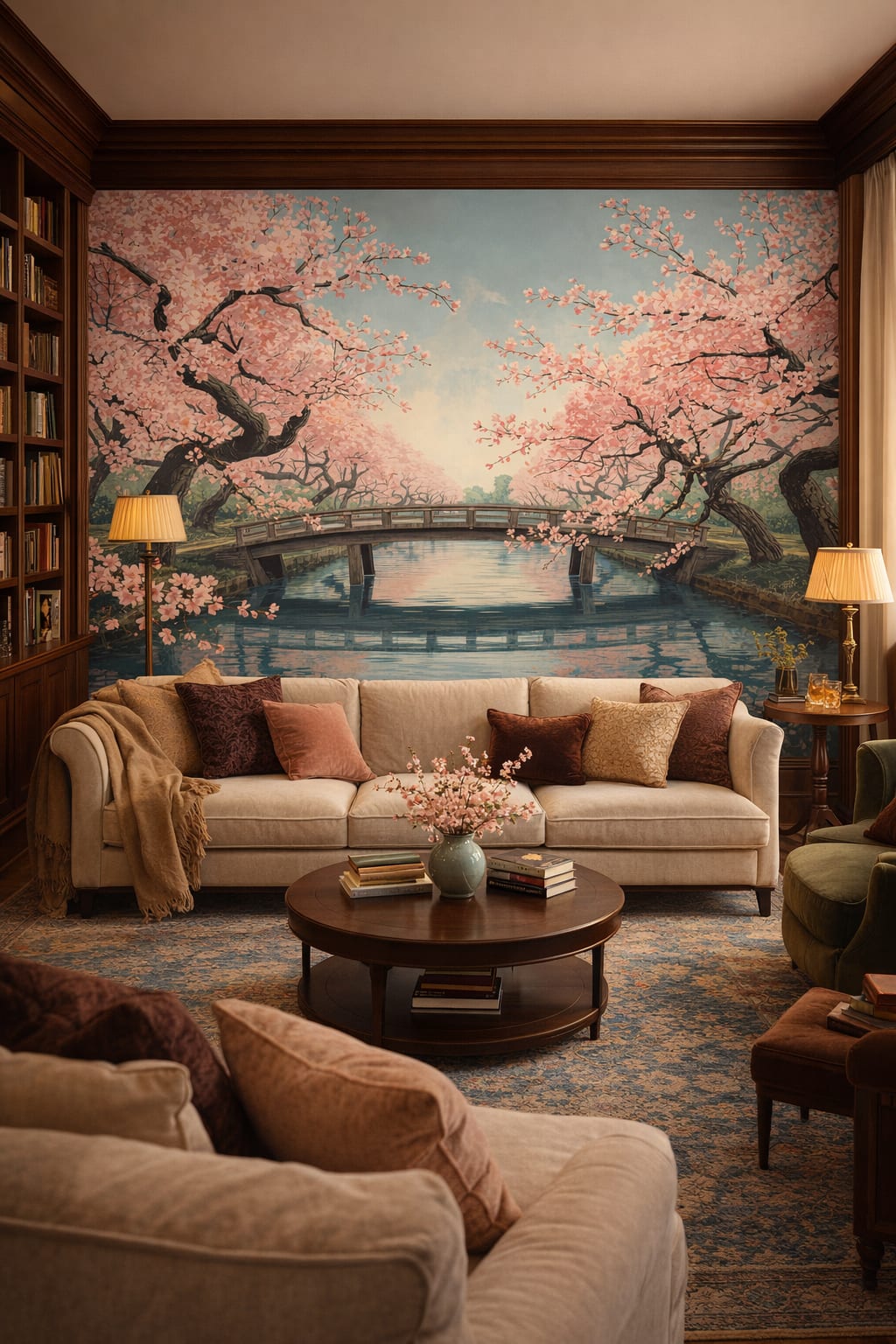 Art Nouveau cream-toned cherry blossom trees featuring a garden bridge - Wall Mural Peel and Stick Wallpaper for Art Nouveau Home Library.