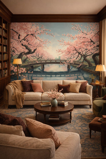Art Nouveau cream-toned cherry blossom trees featuring a garden bridge - Wall Mural Peel and Stick Wallpaper for Art Nouveau Home Library.