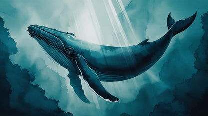 Serene ethereal Deep Teal humpback whale featuring an underwater scene and sunbeams - Wall Mural & Peel and Stick Wallpaper for Watercolor Interiors and Premium Home Styling.