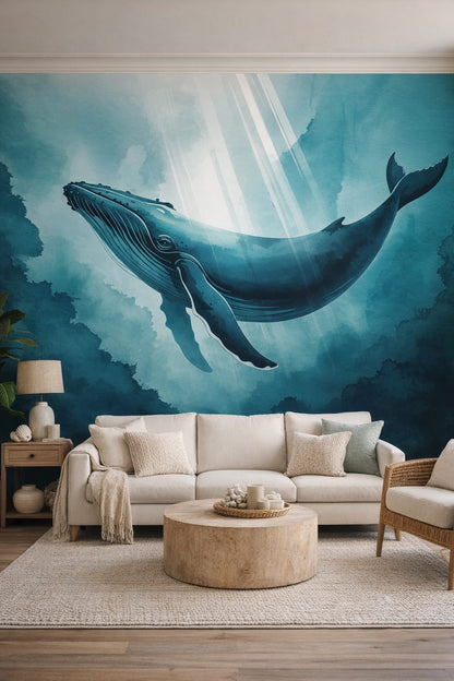 Coastal blue humpback whale featuring sunbeams - Wall Mural Peel and Stick Wallpaper for Coastal Living Room.