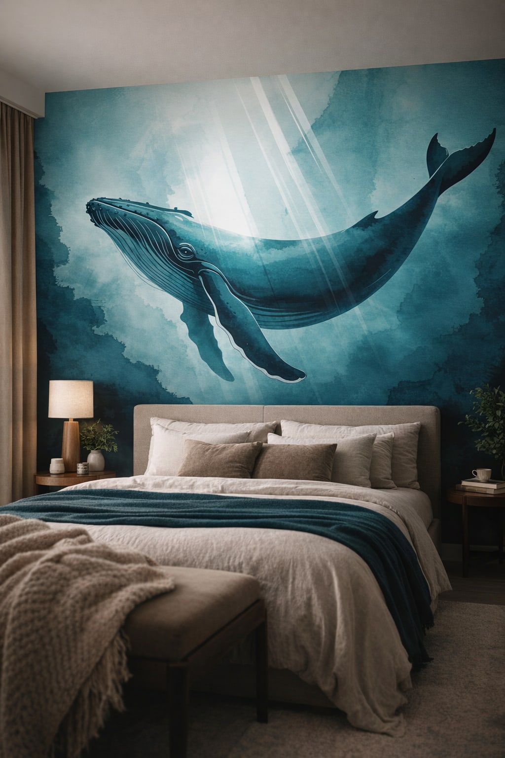 Cream-sand Organic Modern humpback whale featuring sunbeams - Wall Mural Peel and Stick Wallpaper for Organic Modern Master Bedroom.