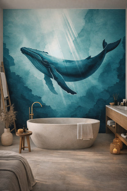 Zen neutral humpback whale featuring sunbeams - Wall Mural Peel and Stick Wallpaper for Zen Luxury Bathroom.