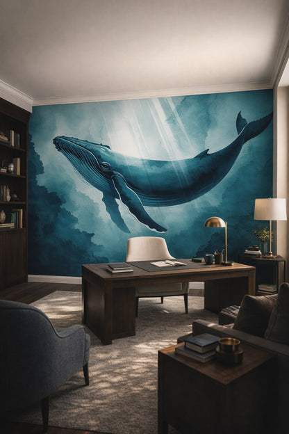Contemporary neutral-accent humpback whale featuring sunbeams - Wall Mural Peel and Stick Wallpaper for Contemporary Executive Home Office.