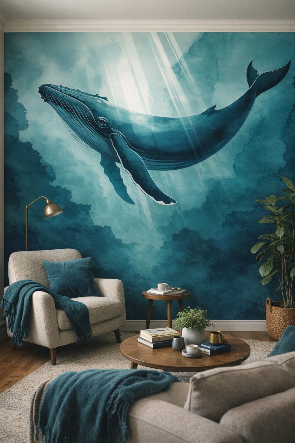 Green-neutral biophilic, ocean-inspired humpback whale featuring sunbeams - Wall Mural Peel and Stick Wallpaper for Biophilic Design Reading Corner.
