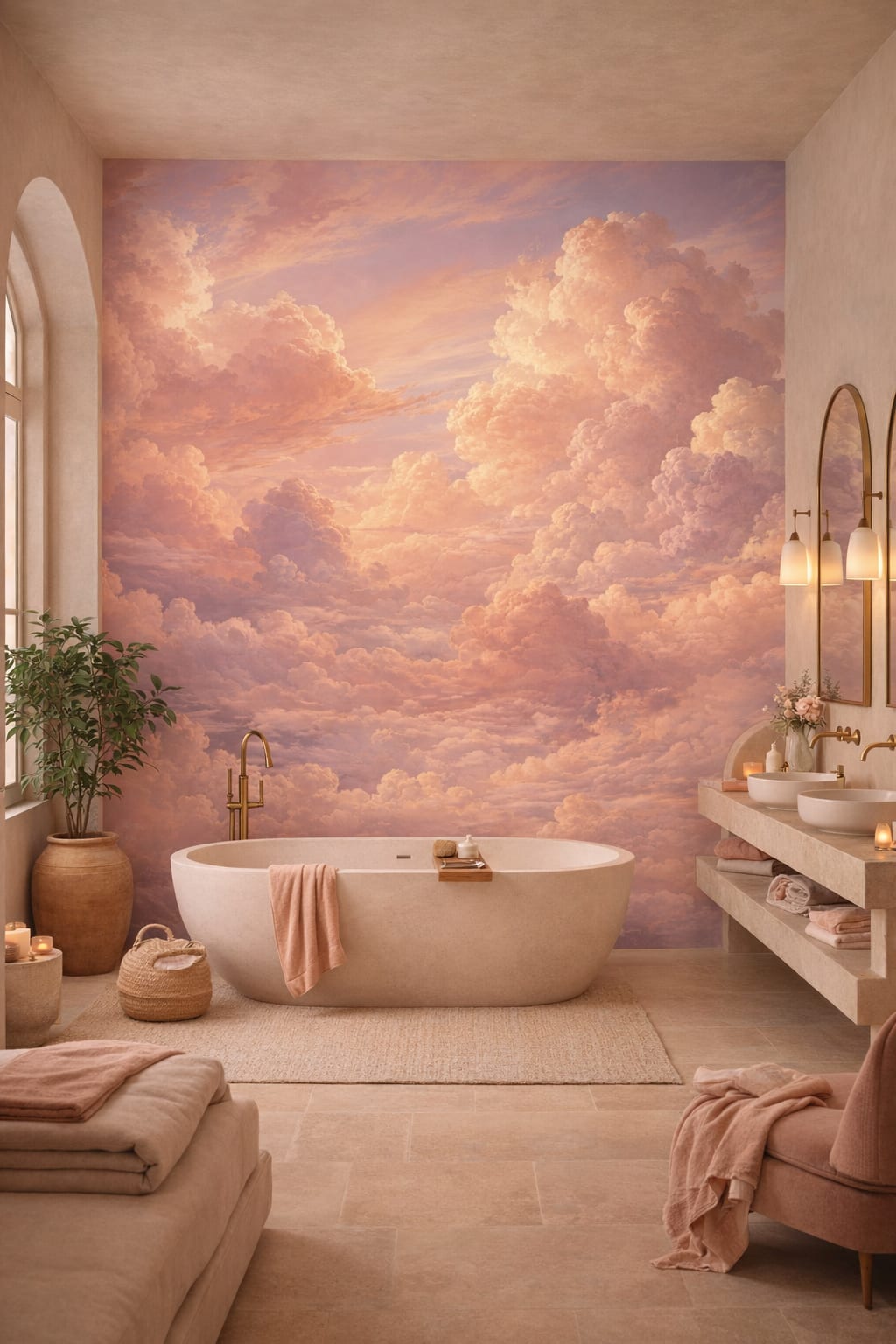 Mediterranean Modern sand-toned cloudscape - Wall Mural Peel and Stick Wallpaper for Mediterranean Modern Luxury Bathroom.