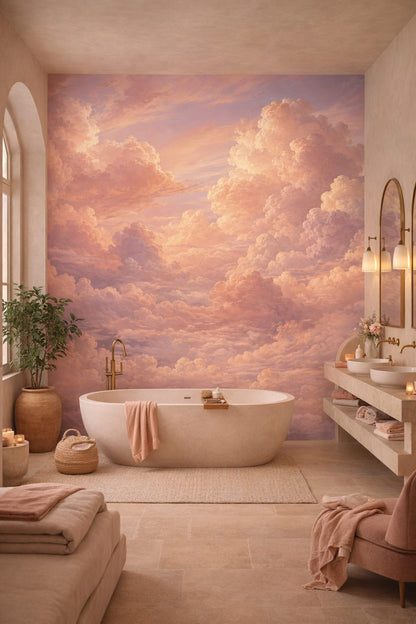 Mediterranean Modern sand-toned cloudscape - Wall Mural Peel and Stick Wallpaper for Mediterranean Modern Luxury Bathroom.