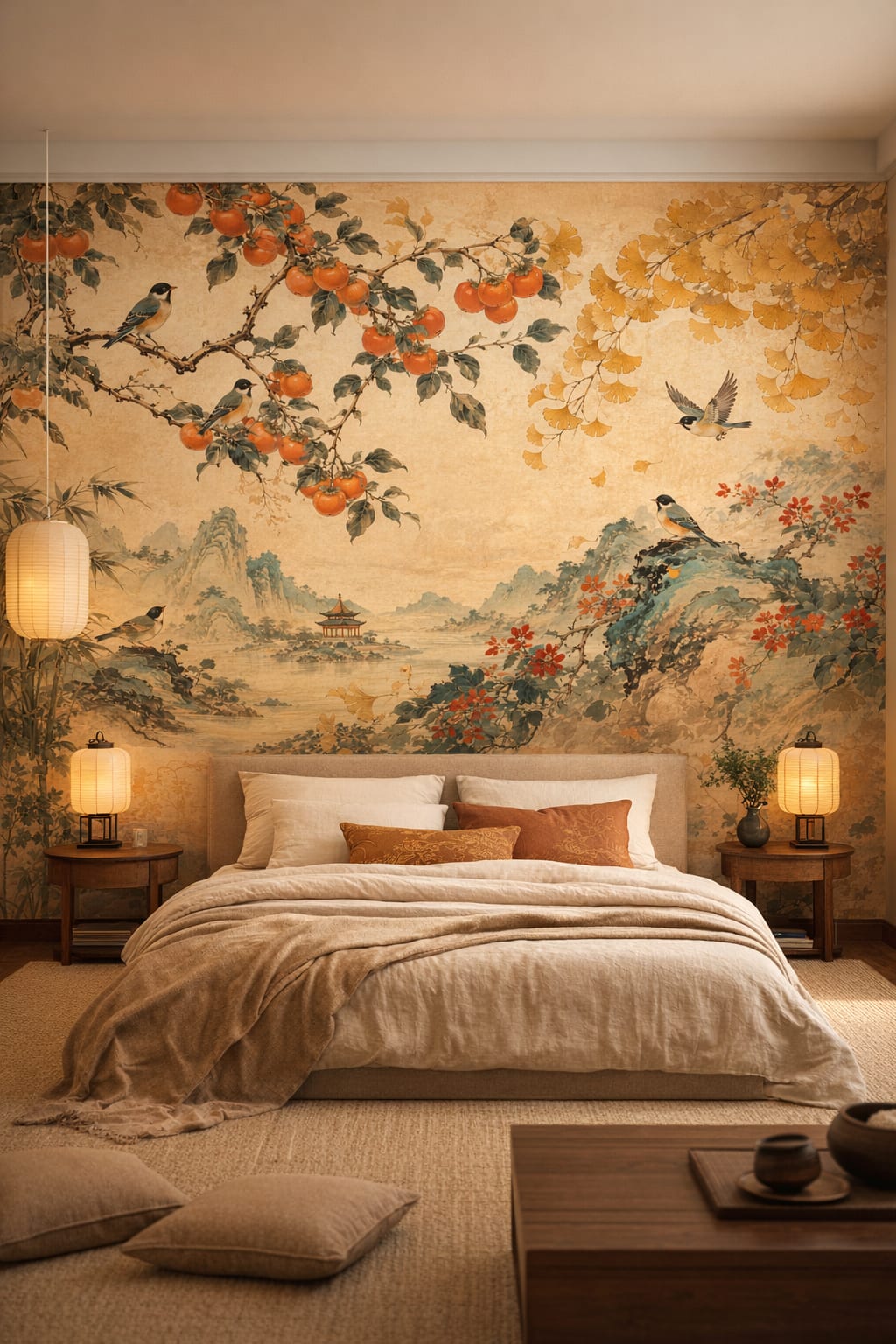 Traditional Japanese neutral songbirds featuring persimmon branches - Wall Mural Peel and Stick Wallpaper for Traditional Japanese Master Bedroom.