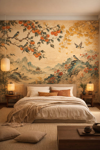 Traditional Japanese neutral songbirds featuring persimmon branches - Wall Mural Peel and Stick Wallpaper for Traditional Japanese Master Bedroom.