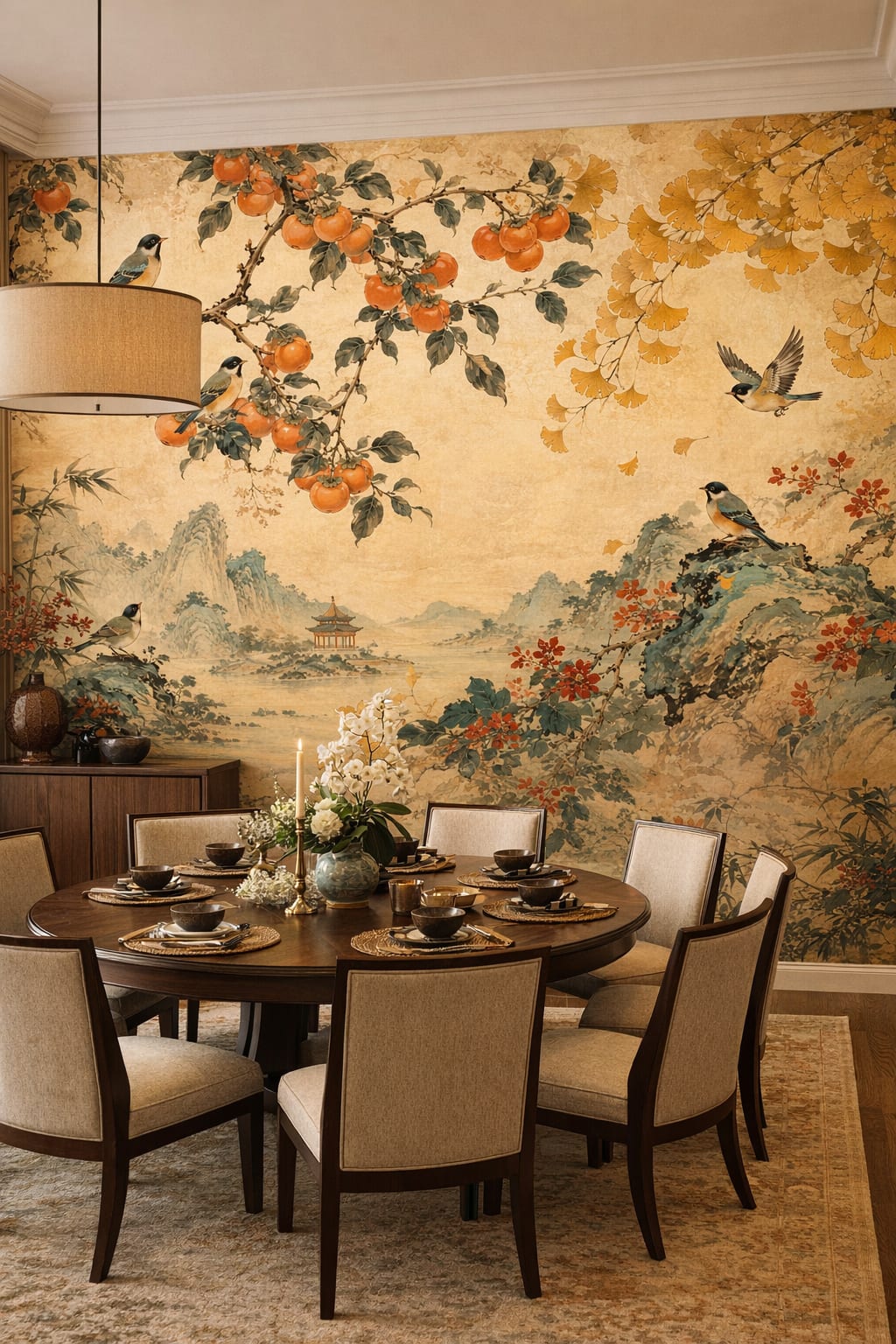 Asian Fusion neutral songbirds featuring persimmon branches - Wall Mural Peel and Stick Wallpaper for Asian Fusion Formal Dining Room.