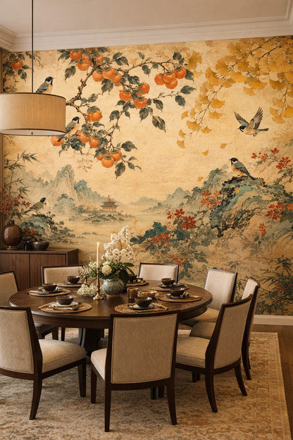Asian Fusion neutral songbirds featuring persimmon branches - Wall Mural Peel and Stick Wallpaper for Asian Fusion Formal Dining Room.