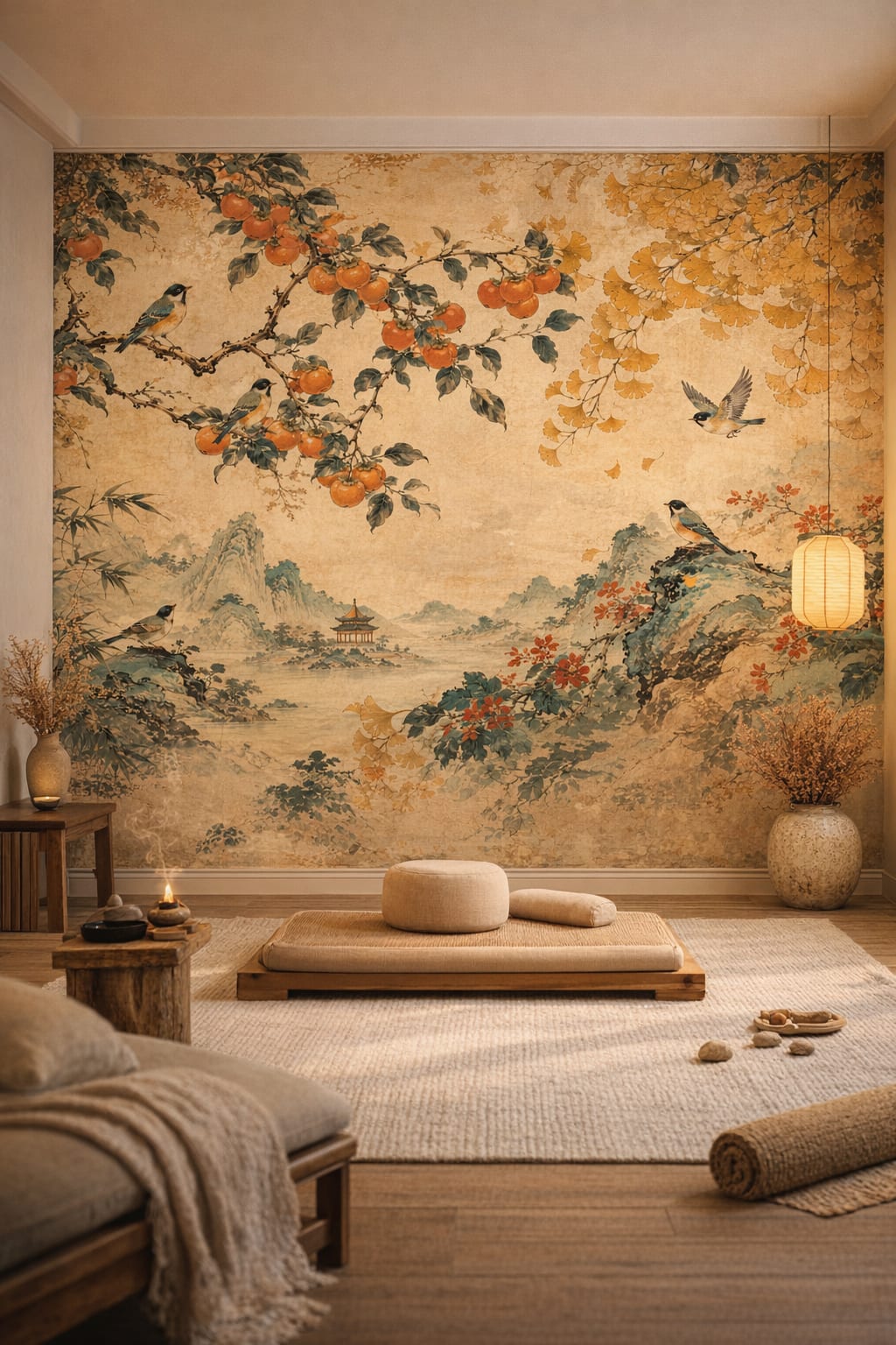 Wabi-sabi muted-earth songbirds featuring persimmon branches - Wall Mural Peel and Stick Wallpaper for Wabi-sabi Meditation Room.