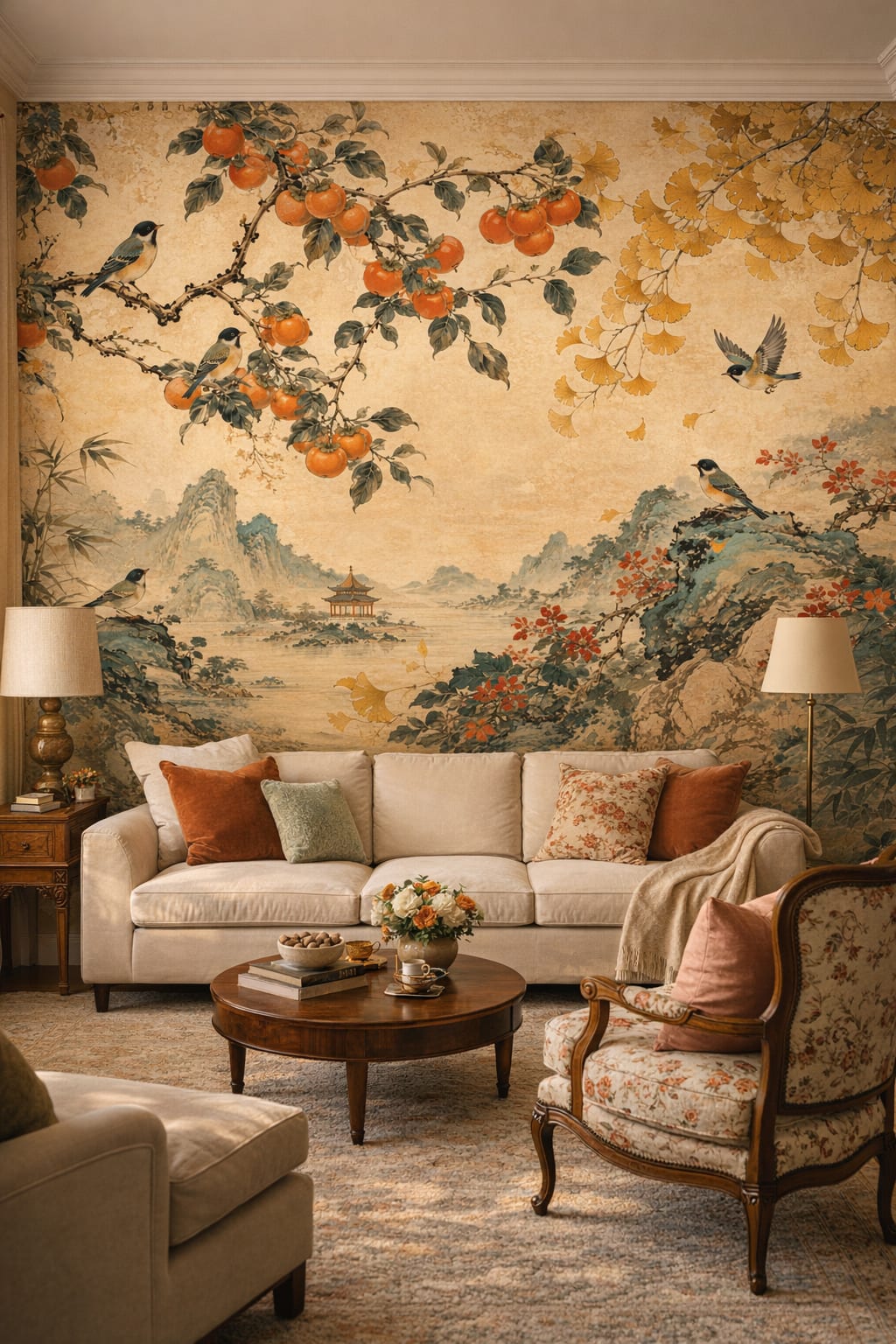 Blue-and-white Chinoiserie songbirds featuring ginkgo leaves - Wall Mural Peel and Stick Wallpaper for Chinoiserie Living Room.