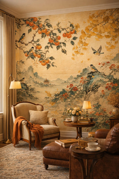Art Nouveau cream-green songbirds featuring ginkgo leaves - Wall Mural Peel and Stick Wallpaper for Art Nouveau Reading Corner.