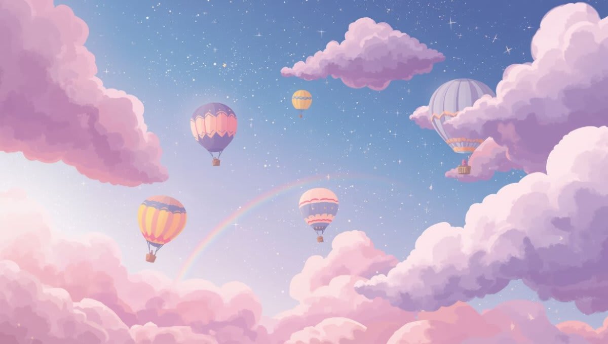 Dreamy whimsical Pink hot air balloons featuring clouds, stars, and a rainbow - Wall Mural & Peel and Stick Wallpaper for Whimsical Nursery or Kids Room.