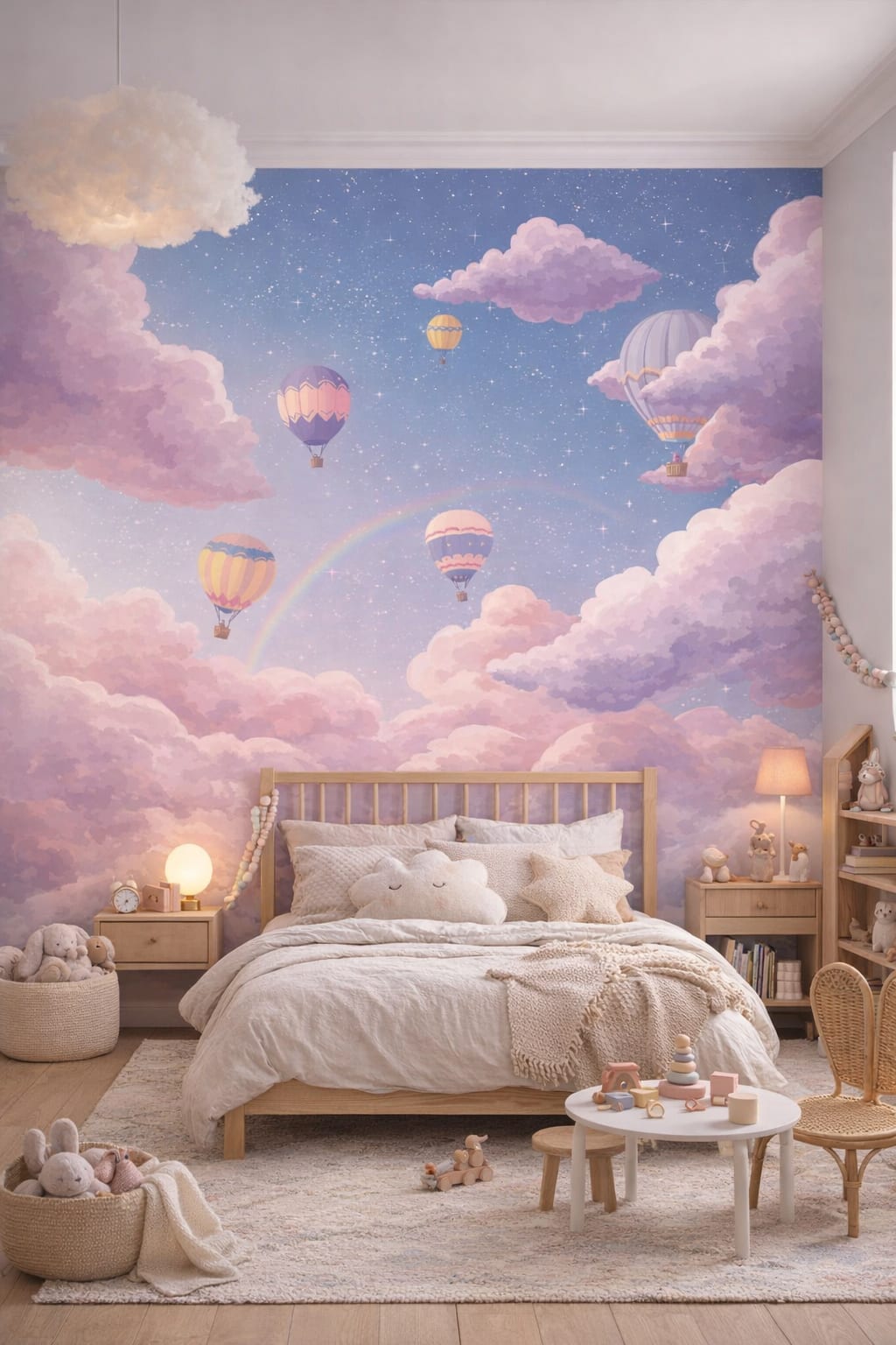 Scandi Kids white-gray hot air balloons featuring clouds - Wall Mural Peel and Stick Wallpaper for Scandi Kids Kids Bedroom.