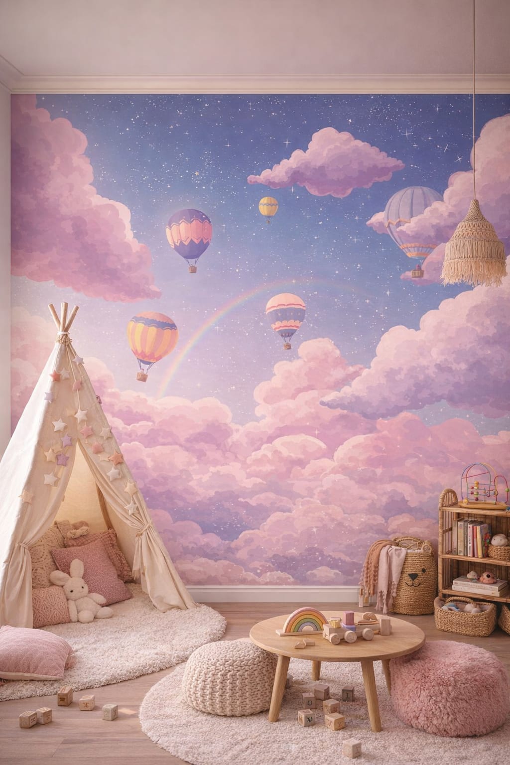 Terracotta-sage Whimsical Boho hot air balloons featuring clouds - Wall Mural Peel and Stick Wallpaper for Whimsical Boho Playroom.