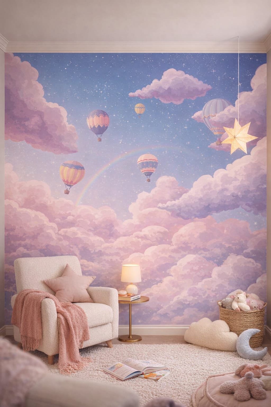 Celestial navy hot air balloons featuring stars - Wall Mural Peel and Stick Wallpaper for Outer Space / Celestial Reading Corner.