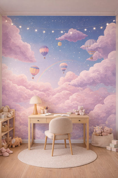Modern Montessori neutral hot air balloons featuring clouds - Wall Mural Peel and Stick Wallpaper for Modern Montessori Homework / Study Corner.