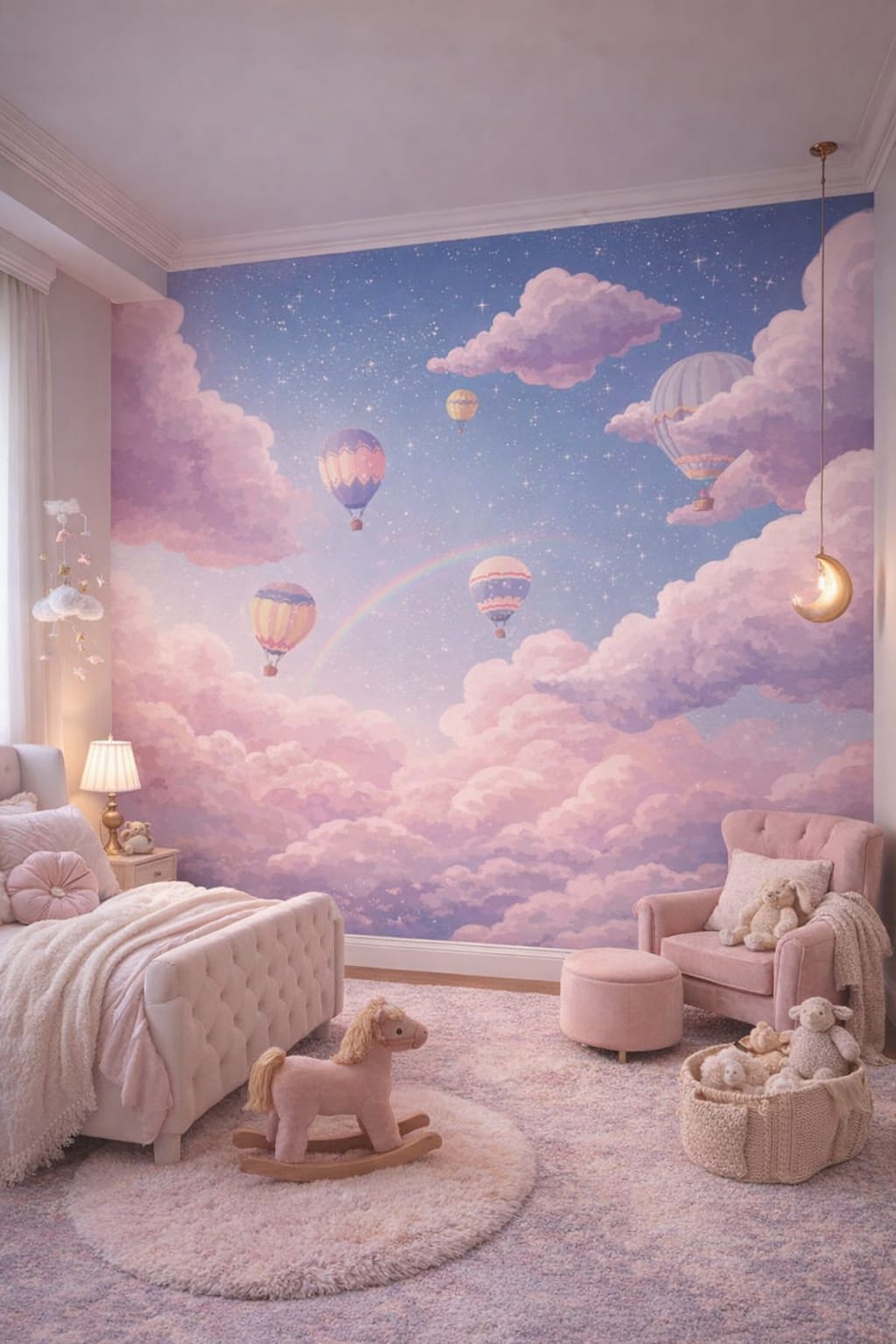 Pastel glam blush hot air balloons featuring clouds - Wall Mural Peel and Stick Wallpaper for Pastel Glam Nursery Kids Bedroom.