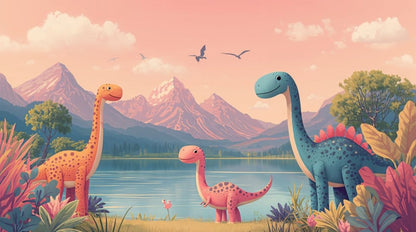 Whimsical playful Peach dinosaurs featuring a mountain lake, trees, and clouds - Wall Mural & Peel and Stick Wallpaper for Whimsical Nursery or Kids Room.
