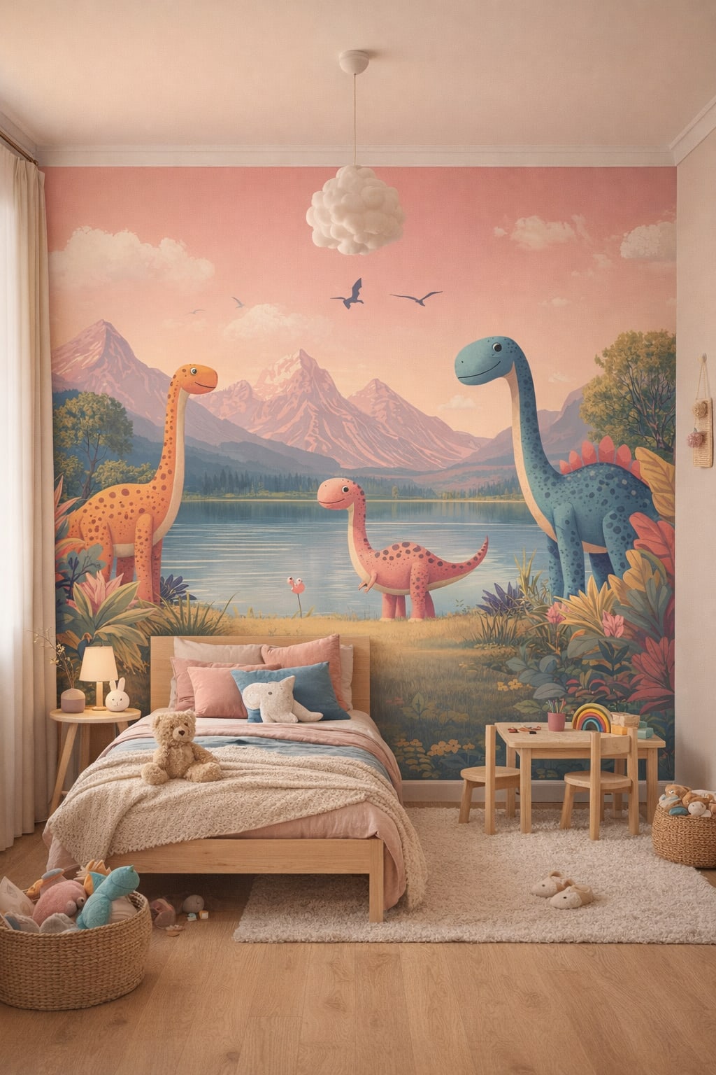 Scandi Kids light gray dinosaurs featuring a mountain lake - Wall Mural Peel and Stick Wallpaper for Scandi Kids Kids Bedroom.