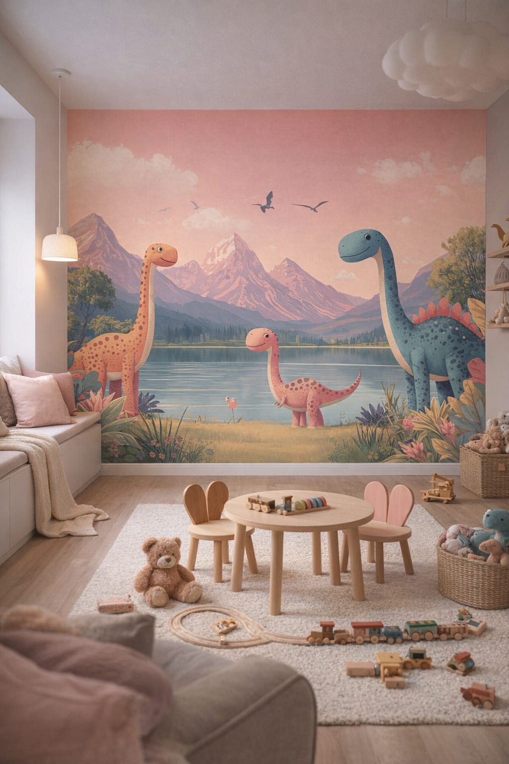 Modern Montessori neutrals dinosaurs featuring a mountain lake - Wall Mural Peel and Stick Wallpaper for Modern Montessori Playroom.