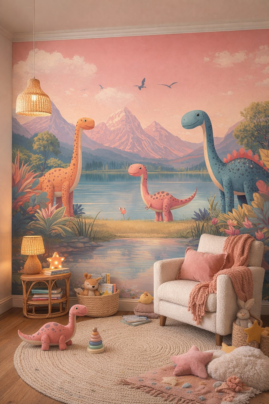 Whimsical Boho terracotta dinosaurs featuring mountain lake - Wall Mural Peel and Stick Wallpaper for Whimsical Boho Reading Corner.