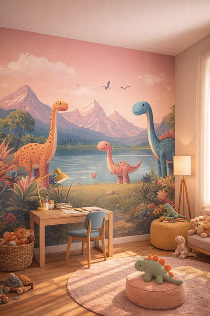 Mid-century Kids teal-orange dinosaurs featuring mountain lake - Wall Mural Peel and Stick Wallpaper for Mid-century Kids Homework / Study Corner.