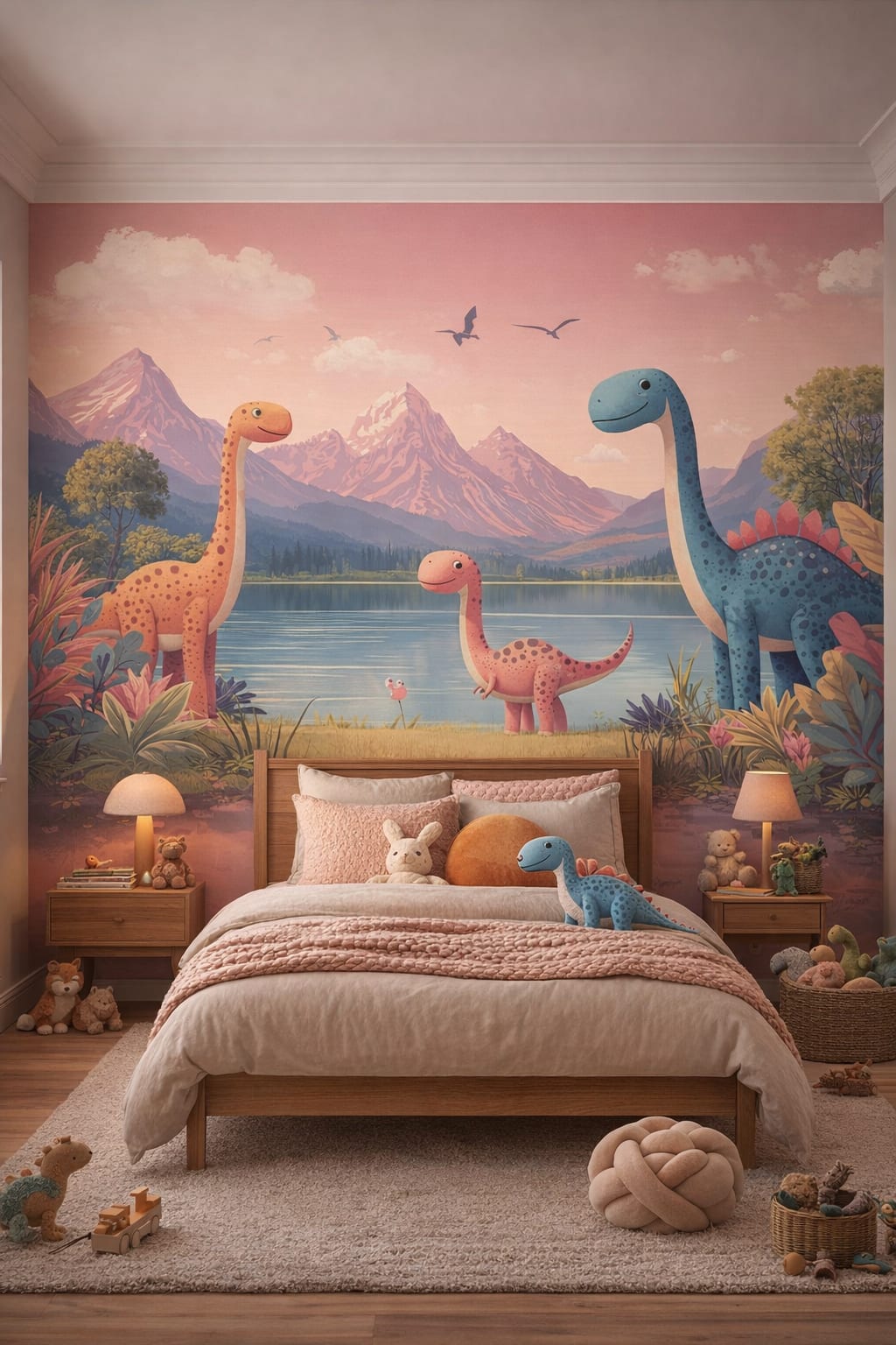 Woodland / Forest moss-green dinosaurs featuring mountain lake - Wall Mural Peel and Stick Wallpaper for Woodland / Forest Kids Bedroom.
