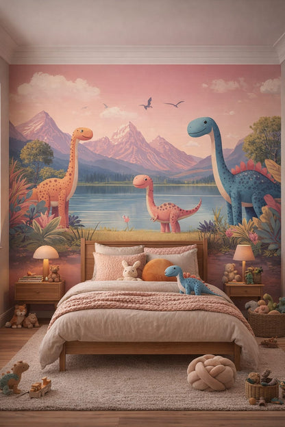 Woodland / Forest moss-green dinosaurs featuring mountain lake - Wall Mural Peel and Stick Wallpaper for Woodland / Forest Kids Bedroom.