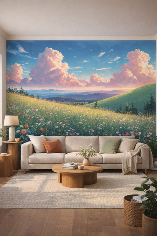 Cream-sand Organic Modern meadow landscape featuring wildflowers - Wall Mural Peel and Stick Wallpaper for Organic Modern Living Room.