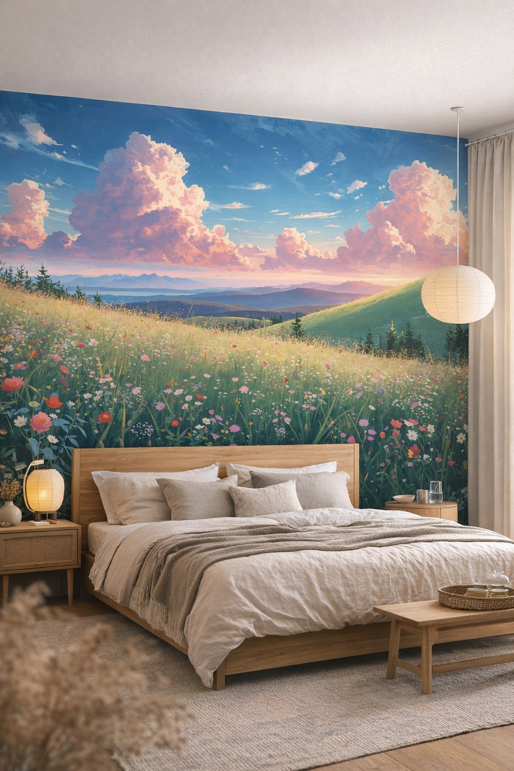 Sand-toned Japandi meadow landscape featuring wildflowers - Wall Mural Peel and Stick Wallpaper for Japandi Master Bedroom.