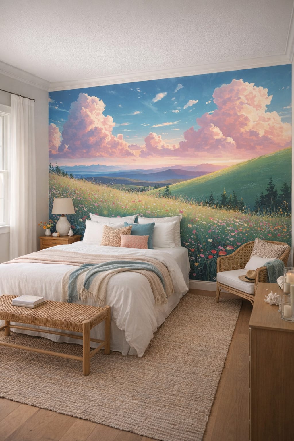 Coastal blue-and-white meadow landscape featuring wildflowers - Wall Mural Peel and Stick Wallpaper for Coastal Guest Bedroom.