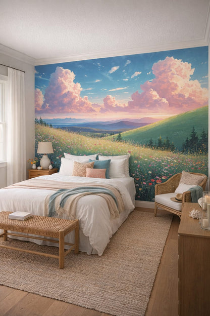 Coastal blue-and-white meadow landscape featuring wildflowers - Wall Mural Peel and Stick Wallpaper for Coastal Guest Bedroom.