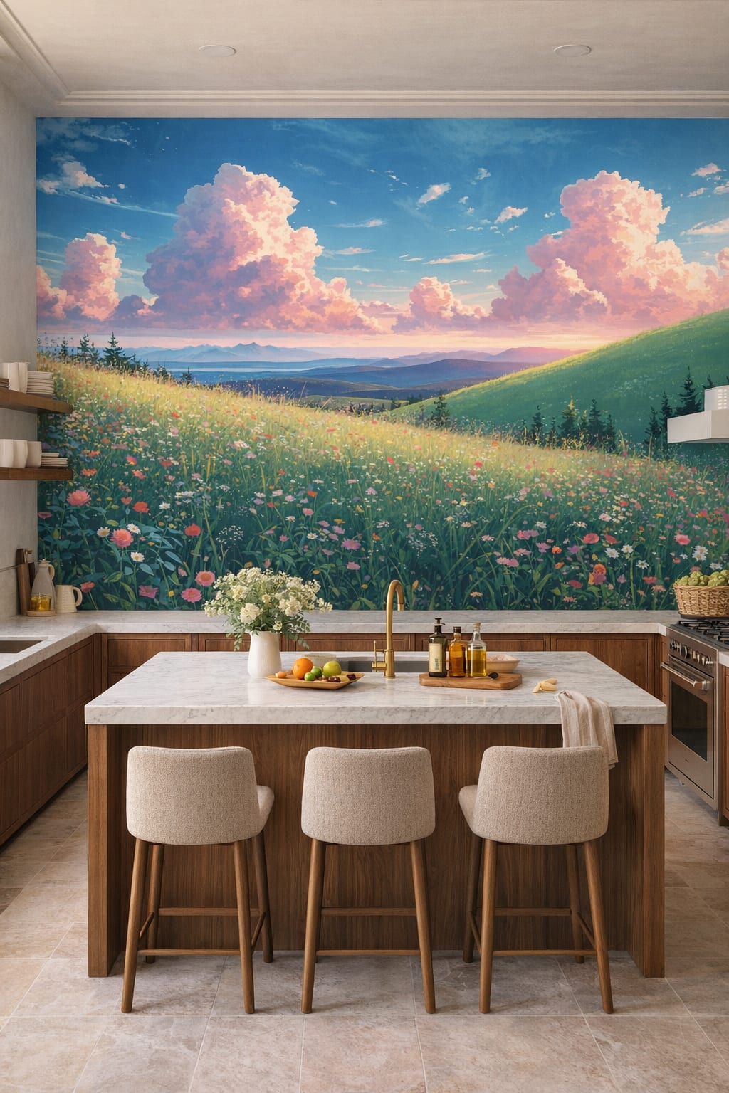 Mediterranean Modern blue-white meadow landscape featuring wildflowers - Wall Mural Peel and Stick Wallpaper for Mediterranean Modern High-end Kitchen.