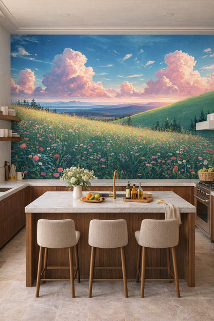 Mediterranean Modern blue-white meadow landscape featuring wildflowers - Wall Mural Peel and Stick Wallpaper for Mediterranean Modern High-end Kitchen.