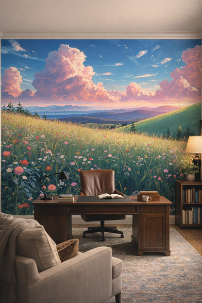 Quiet Luxury greige meadow landscape featuring wildflowers - Wall Mural Peel and Stick Wallpaper for Quiet Luxury Executive Home Office.