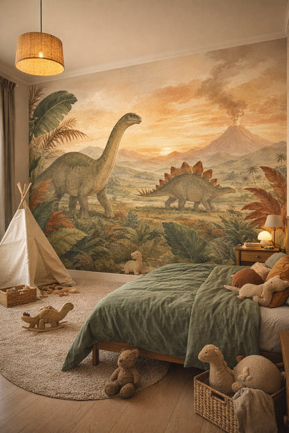 Olive Safari dinosaurs featuring volcano - Wall Mural Peel and Stick Wallpaper for Modern Safari Kids Bedroom.
