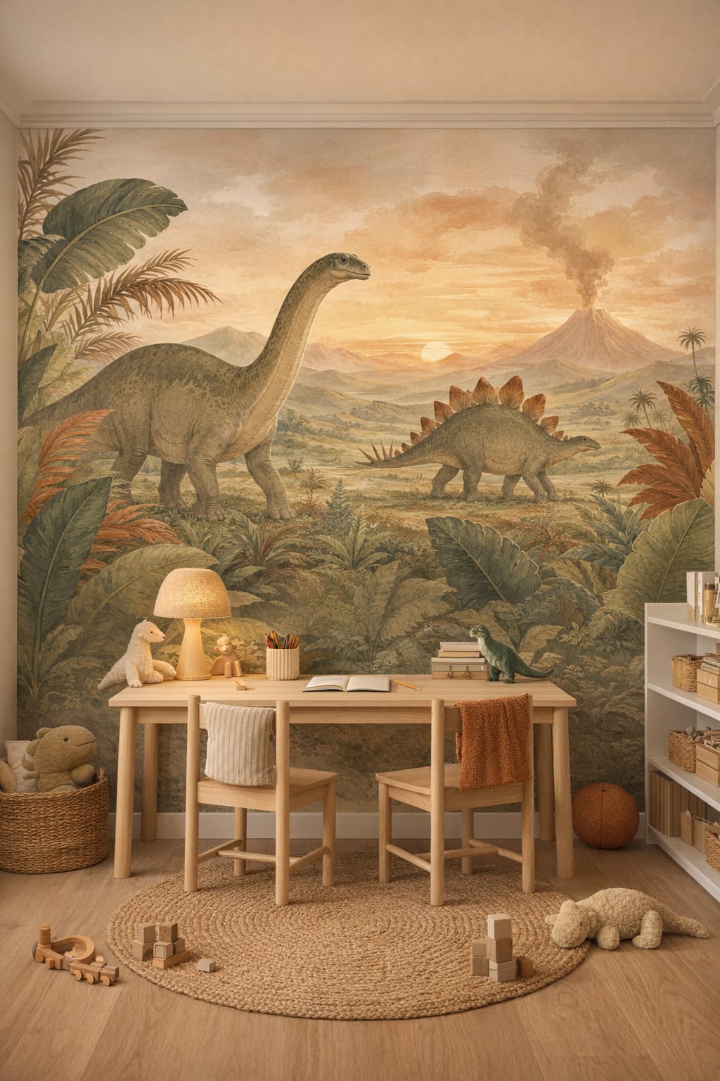 Scandi birch dinosaurs featuring volcano - Wall Mural Peel and Stick Wallpaper for Scandi Kids Homework / Study Corner.
