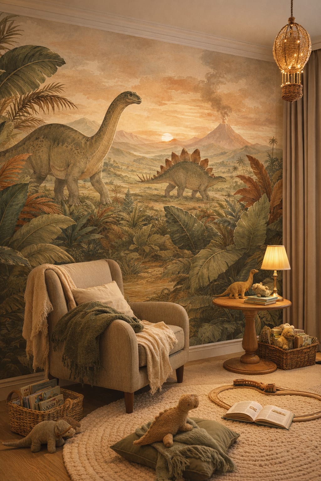 Storybook sage dinosaurs featuring volcano - Wall Mural Peel and Stick Wallpaper for Classic Storybook Reading Corner.