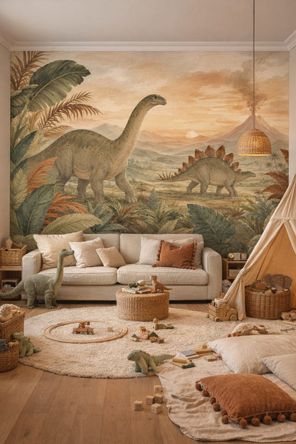 Whimsical terracotta dinosaurs featuring volcano - Wall Mural Peel and Stick Wallpaper for Whimsical Boho Playroom.