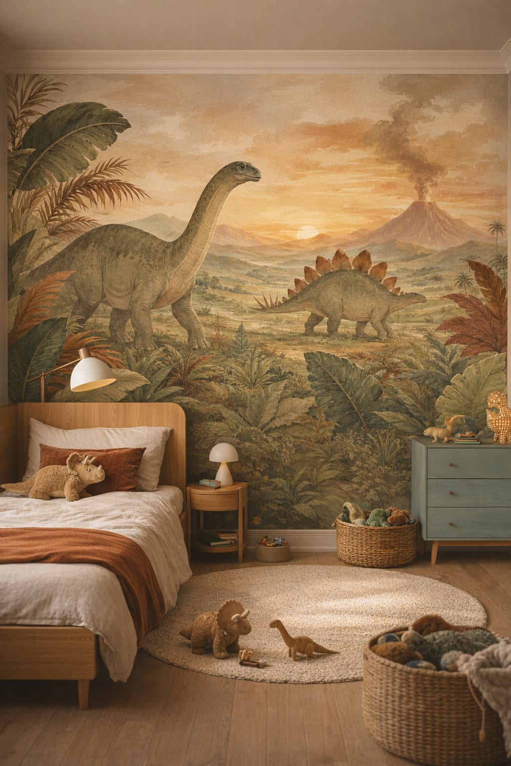 Mid-century teal dinosaurs featuring volcano - Wall Mural Peel and Stick Wallpaper for Mid-century Kids Kids Bedroom.