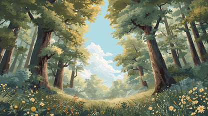 Painterly serene Sage Green trees featuring wildflowers and woodland clearing - Wall Mural & Peel and Stick Wallpaper for Painterly Interiors and Premium Home Styling