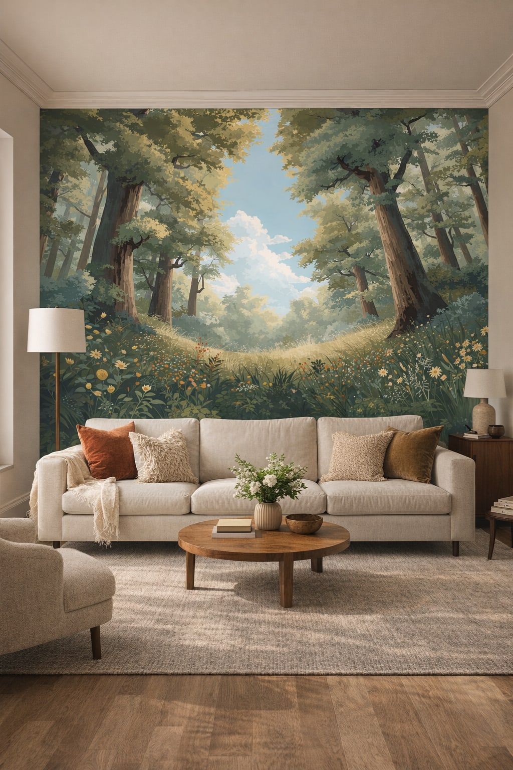 Organic Modern olive trees featuring wildflowers - Wall Mural Peel and Stick Wallpaper for Organic Modern Living Room.