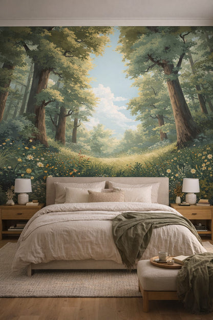 Japandi sand-toned trees featuring wildflowers - Wall Mural Peel and Stick Wallpaper for Japandi Master Bedroom.