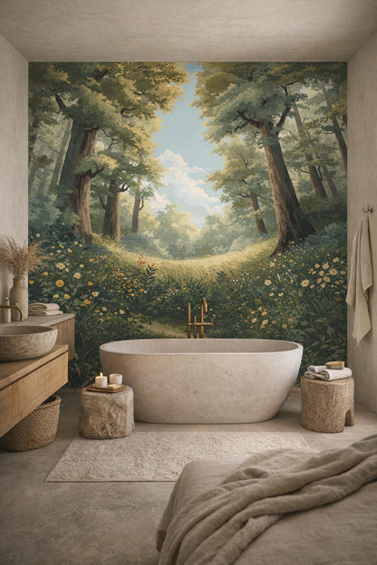 Wabi-sabi earthy trees featuring wildflowers - Wall Mural Peel and Stick Wallpaper for Wabi-sabi Luxury Bathroom.