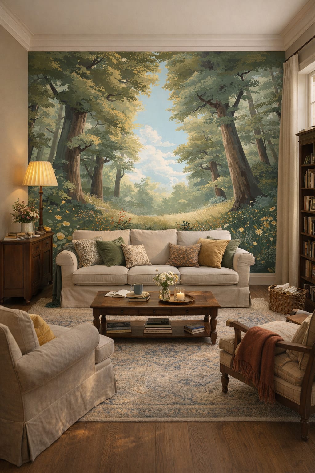 English Cottage green trees featuring wildflowers - Wall Mural Peel and Stick Wallpaper for English Cottage Reading Room.