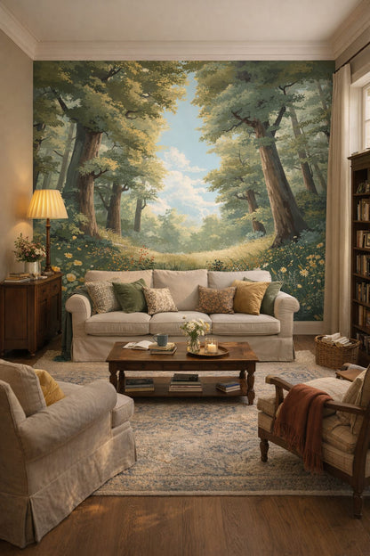 English Cottage green trees featuring wildflowers - Wall Mural Peel and Stick Wallpaper for English Cottage Reading Room.